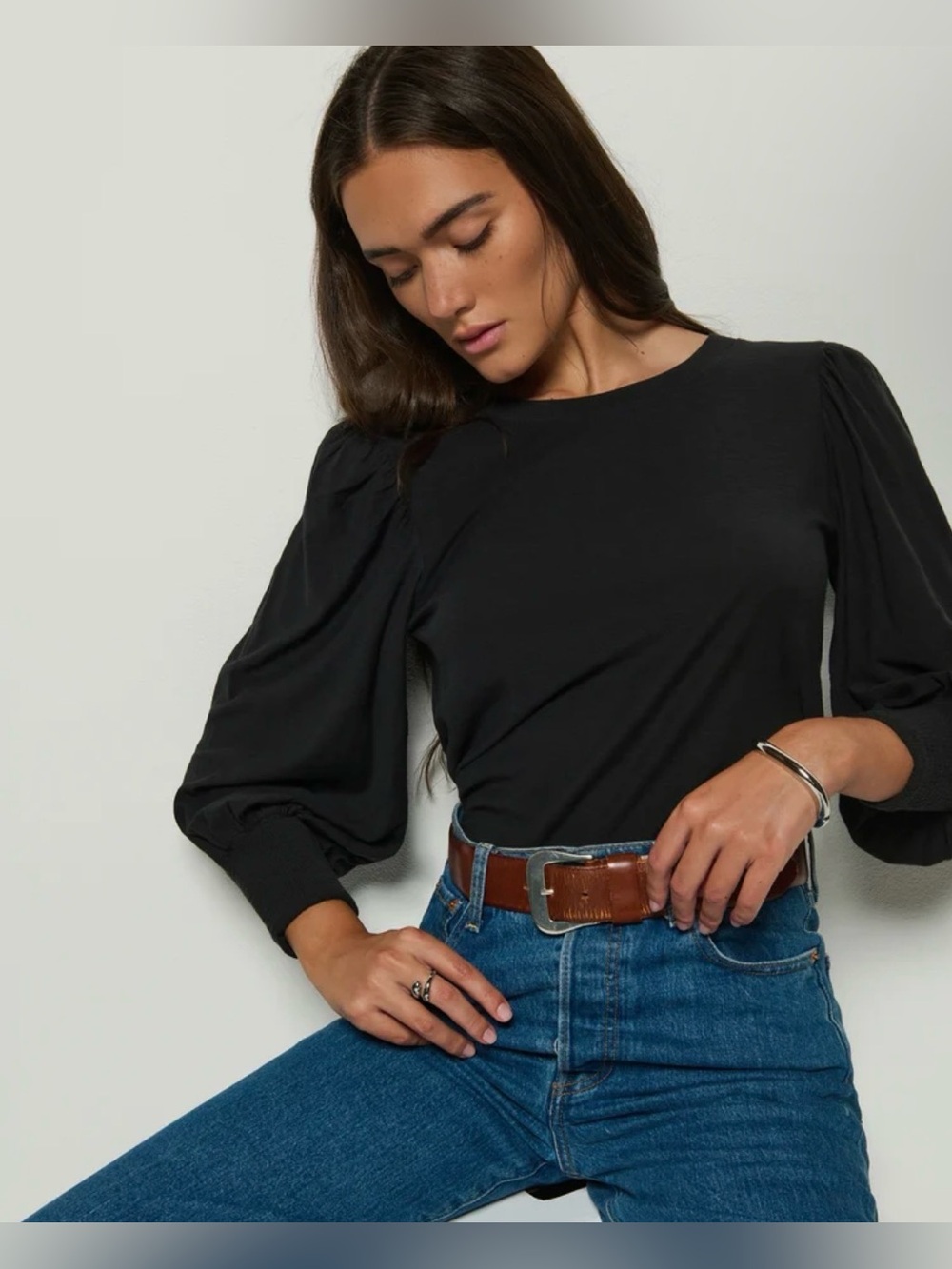 Nation LTD Top Womens Medium Loren Black Pima Cotton Puff Sleeve Smocked Cuff